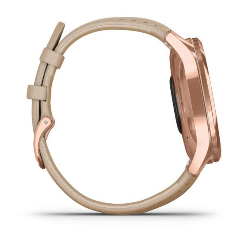 Garmin vivomove Luxe, 18K Rose Gold PVD Stainless Steel Case with Light Sand Italian Leather Band