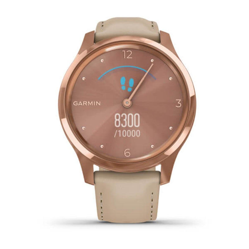 Garmin vivomove Luxe, 18K Rose Gold PVD Stainless Steel Case with Light Sand Italian Leather Band