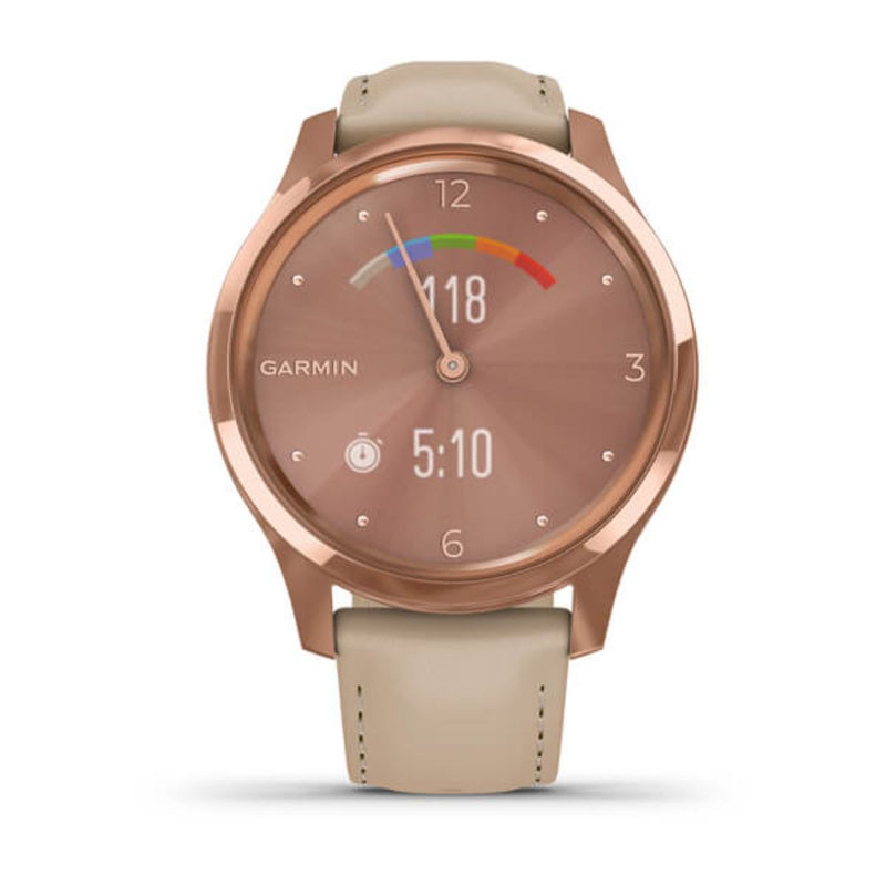 Garmin vivomove Luxe, 18K Rose Gold PVD Stainless Steel Case with Light Sand Italian Leather Band