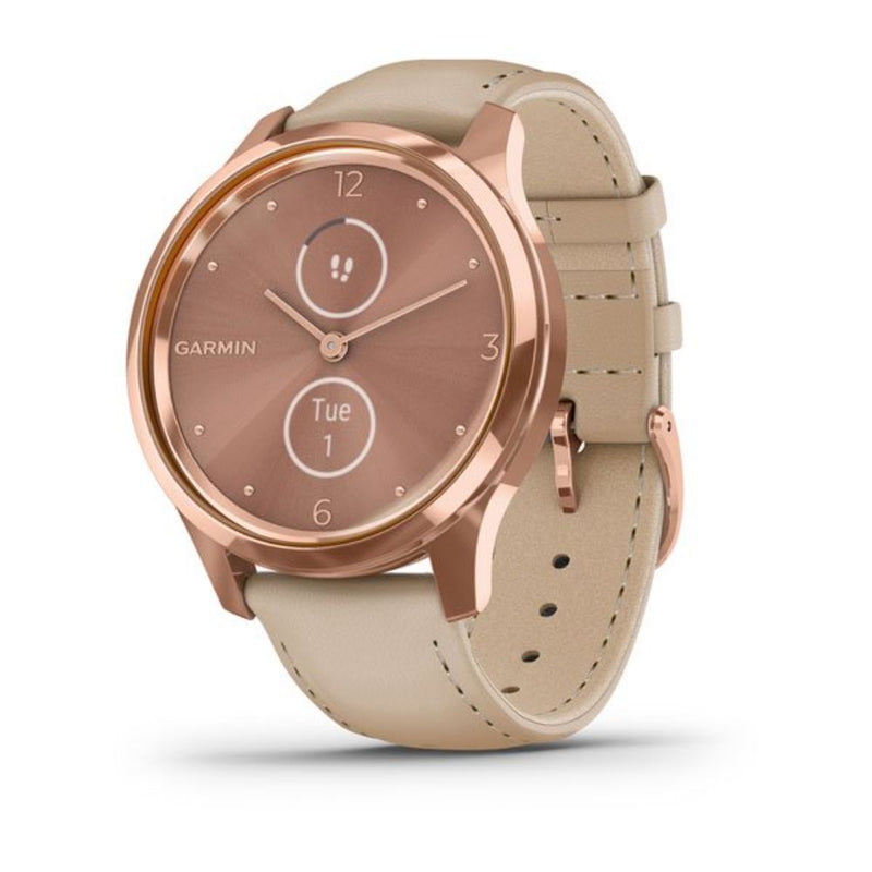 Garmin vivomove Luxe, 18K Rose Gold PVD Stainless Steel Case with Light Sand Italian Leather Band