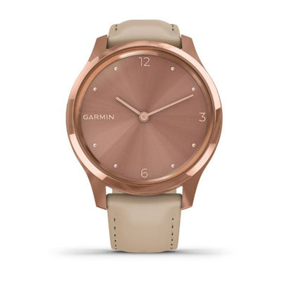 Garmin vivomove Luxe, 18K Rose Gold PVD Stainless Steel Case with Light Sand Italian Leather Band