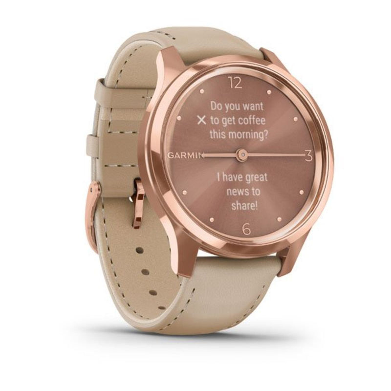 Garmin vivomove Luxe, 18K Rose Gold PVD Stainless Steel Case with Light Sand Italian Leather Band