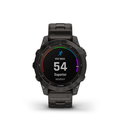 Garmin Fenix 7 Sapphire Solar (Carbon Grey DLC Titanium with Carbon Grey DLC Vented Titanium Band and Black Silicone Band)