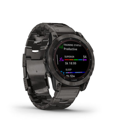 Garmin Fenix 7 Sapphire Solar (Carbon Grey DLC Titanium with Carbon Grey DLC Vented Titanium Band and Black Silicone Band)