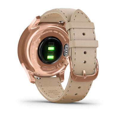 Garmin vivomove Luxe, 18K Rose Gold PVD Stainless Steel Case with Light Sand Italian Leather Band